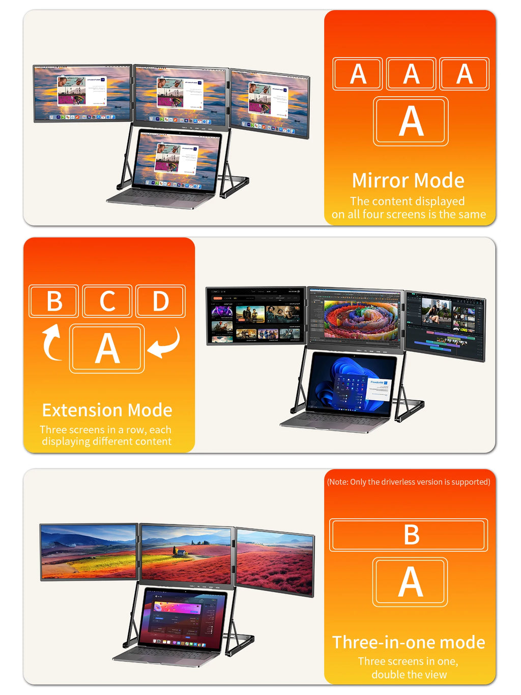 SIBOLAN 16 Inch Triple Screen Foldable Extender Display 2.5k/1080P IPS All-Metal Adjustable Stand USB C for MAC Laptop Travel