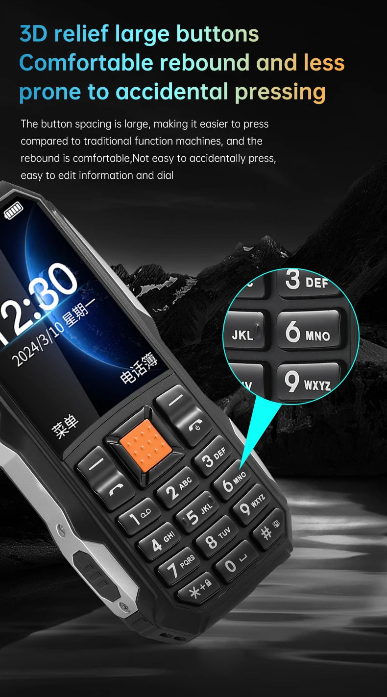 Durable Small Size Mini Rugged Outdoor Mobile Phone Push Button Battery FM Quick Dial Long Standby Two Flashlight Lound Sound