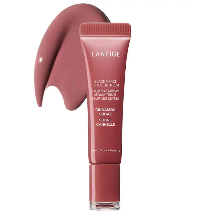 Laneige Cinnamon Sugar Glaze Craze Tinted Lip Serum tube with a glossy, mauve-brown pigmented swatch.