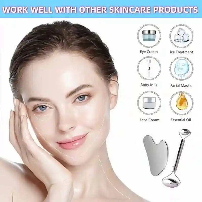Woman with skincare icons and a shiny, silver stainless steel Gua Sha tool and massage roller.