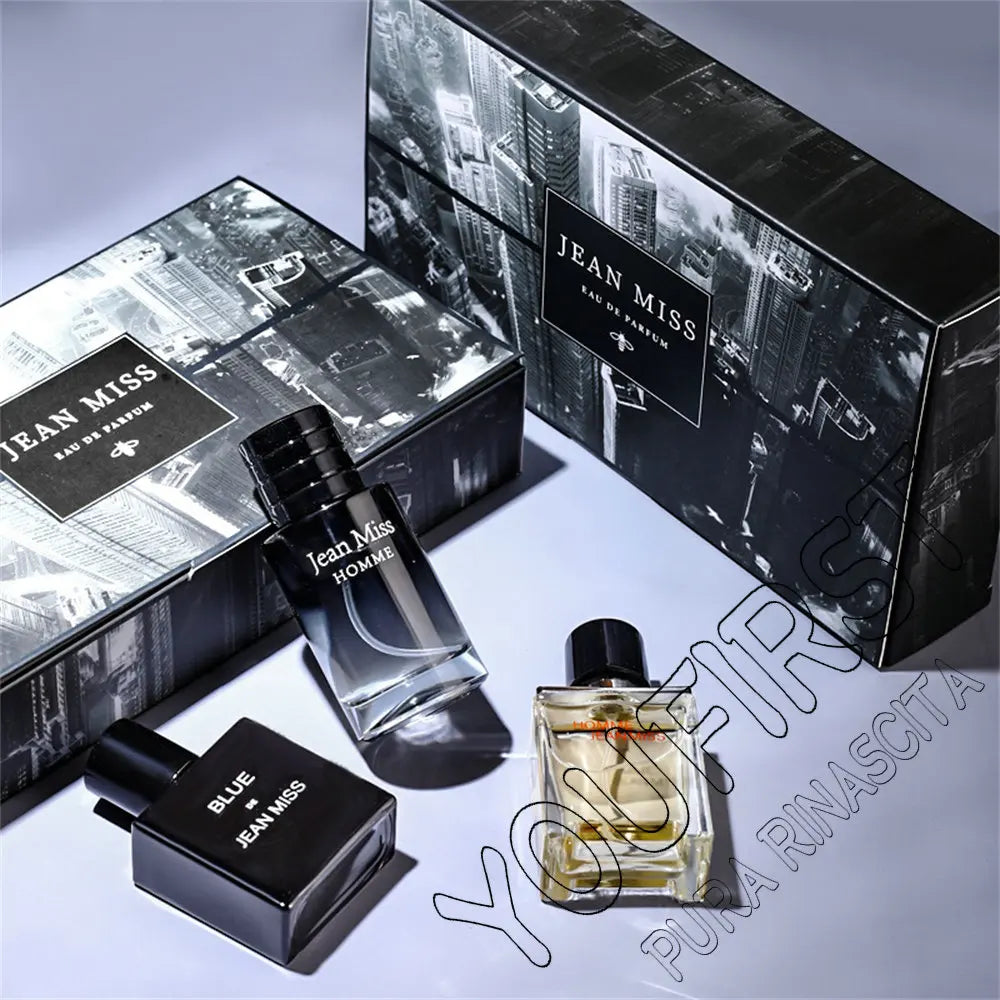 Jean Miss Homme 3-piece EDP cologne gift set for men. Black square glass bottles, masculine fragrance, gift box set.