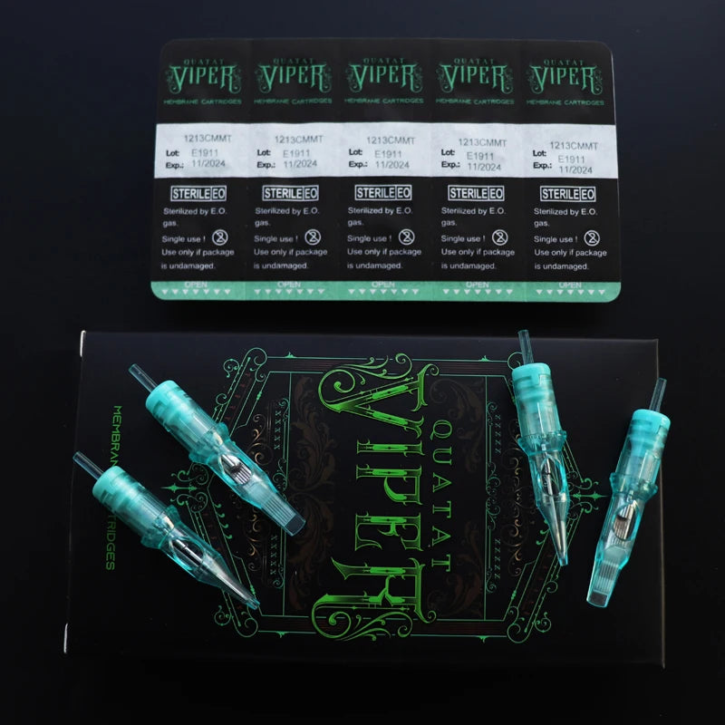 VIPER green PMU tattoo cartridge needles for lip makeup in a 20pc box, featuring translucent design and sharp tips.