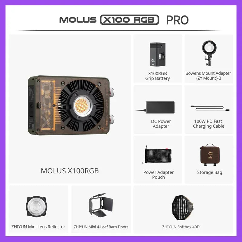 Molus X100 RGB studio light kit with battery, power supply, Bowens adapter, modifiers, and storage bag.