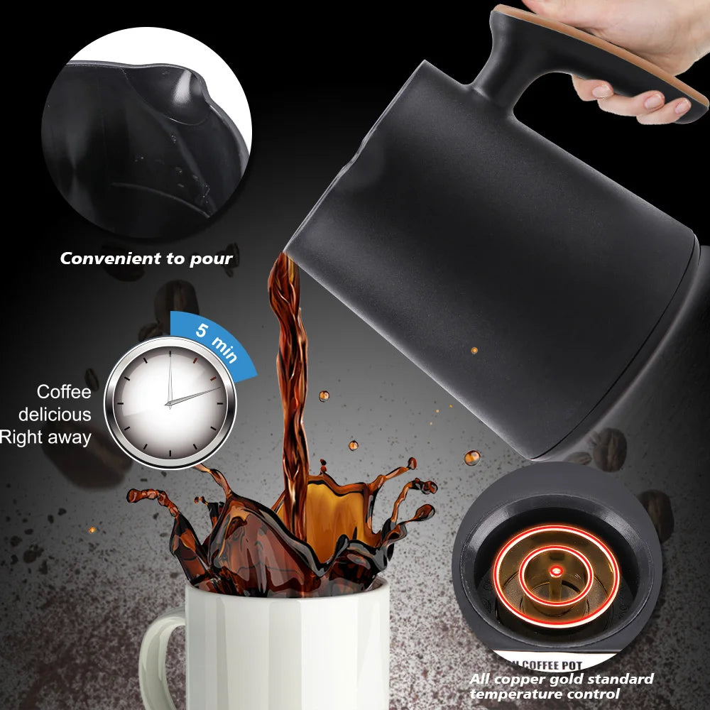 Matte black electric coffee pot pouring into a mug with copper heating element and 5-minute quick brew feature.