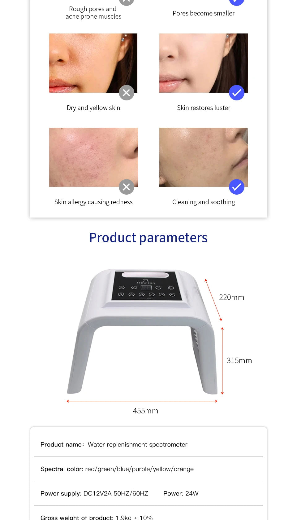 7-color PDT LED light therapy machine for home facial skincare, anti-acne, anti-wrinkle, and pore reduction results.
