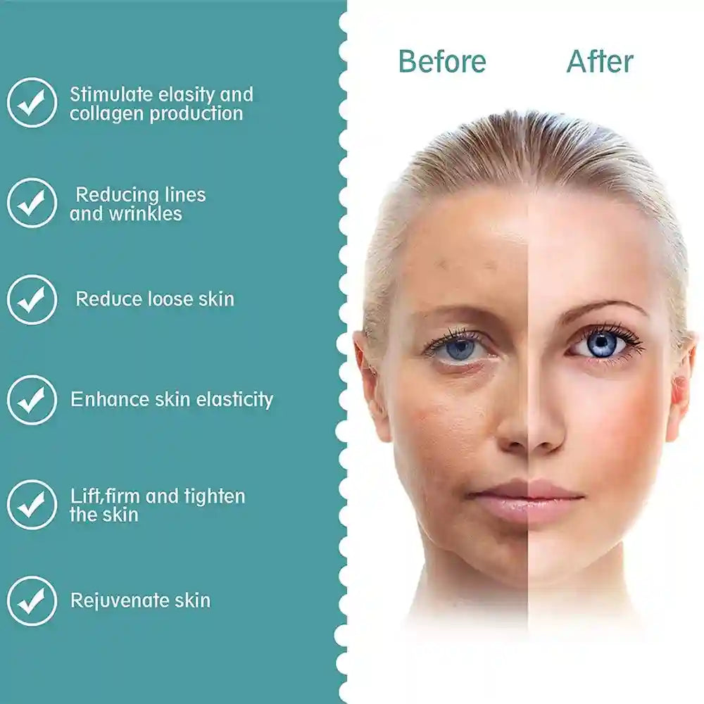 A teal infographic showing a before and after comparison of a woman's face, listing skin benefits like firming.
