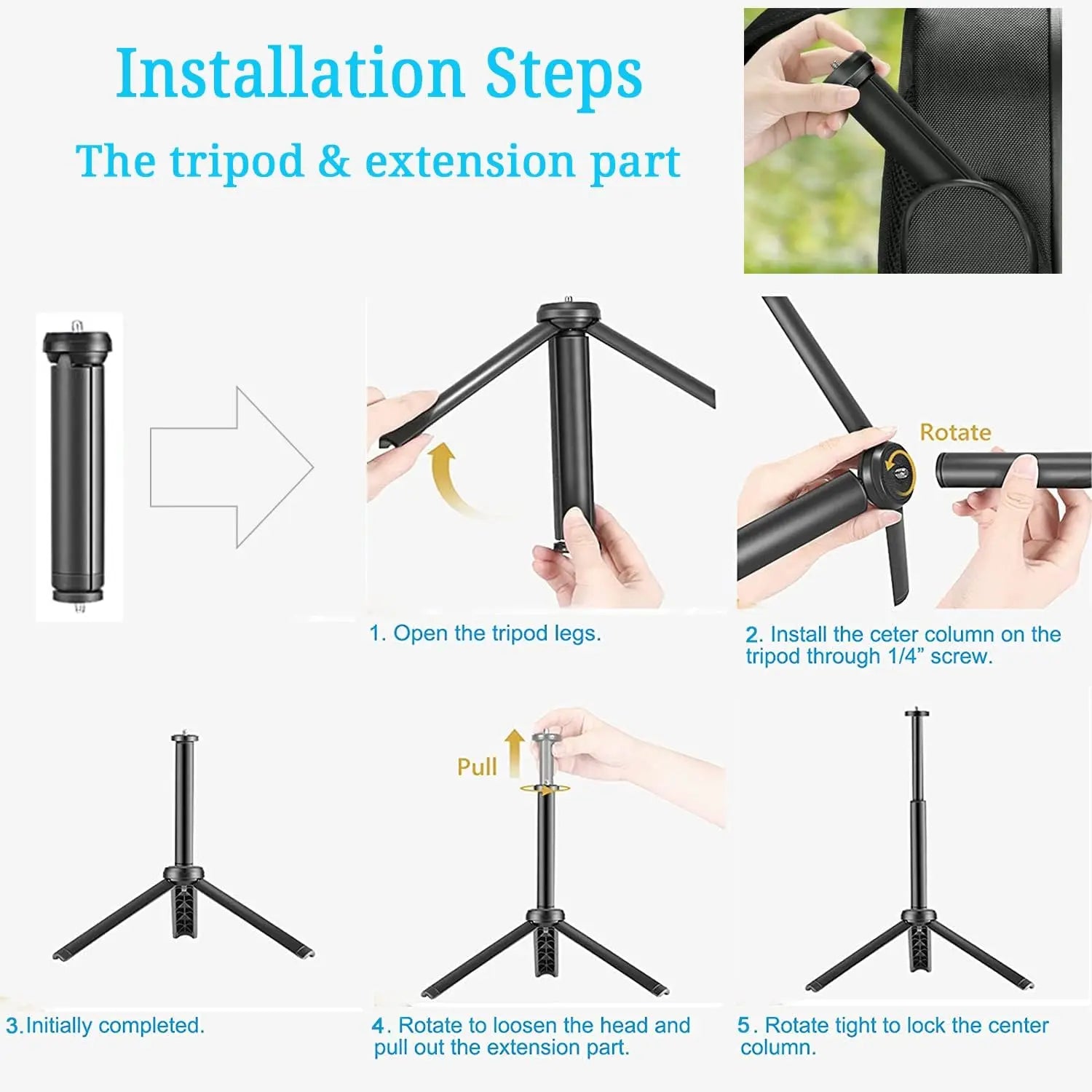 Black foldable tripod with an adjustable center extension column, featuring five steps for assembly and height