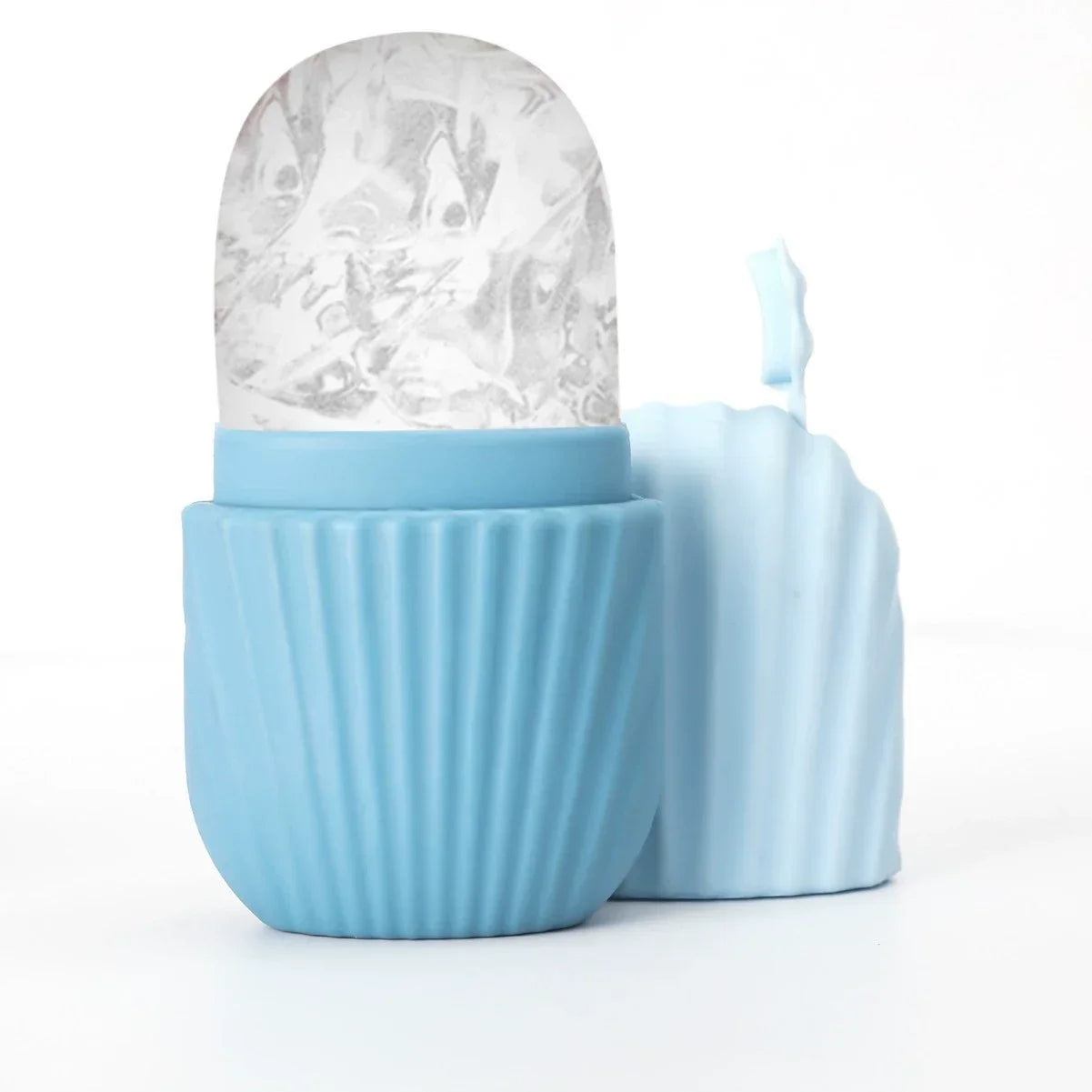 Blue silicone ice face roller with a textured, rounded base and a semi-transparent frozen ice core.