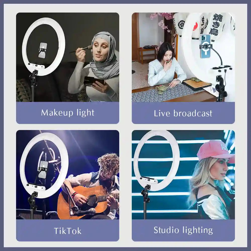 Large white LED ring light on an adjustable stand with a central phone mount for video recording and makeup application.