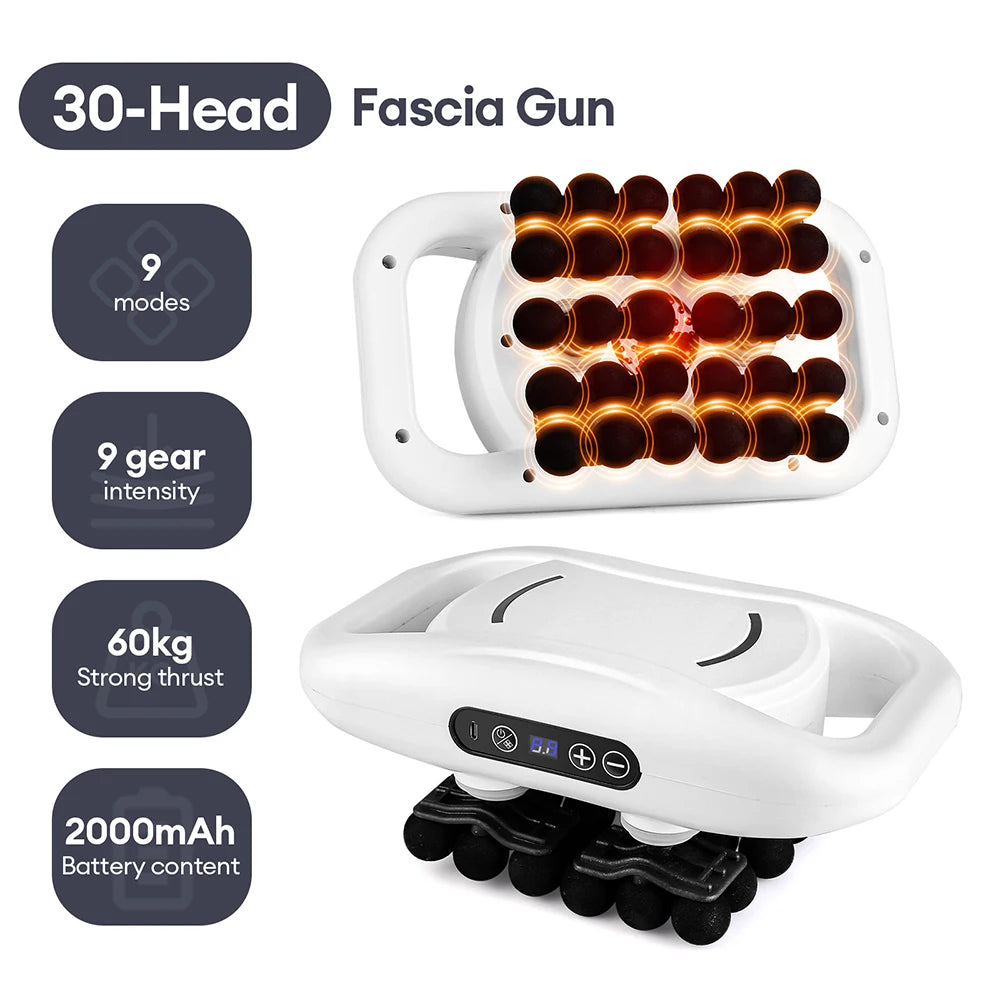 White 30-head fascia massage gun with a rectangular handle, black massage nodes, and a digital control panel.