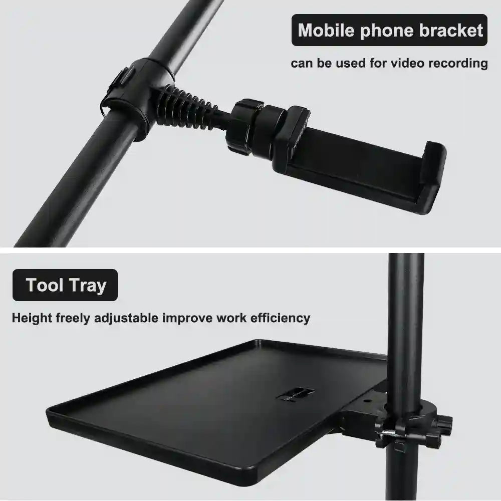 Black plastic mobile phone bracket and adjustable tool tray mounted on a vertical pole for stand accessories.