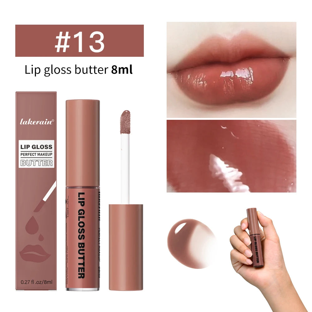 Lakerain #13 brown butter lip gloss with a high-shine, non-stick mirror finish for moisturized, lasting lip color.