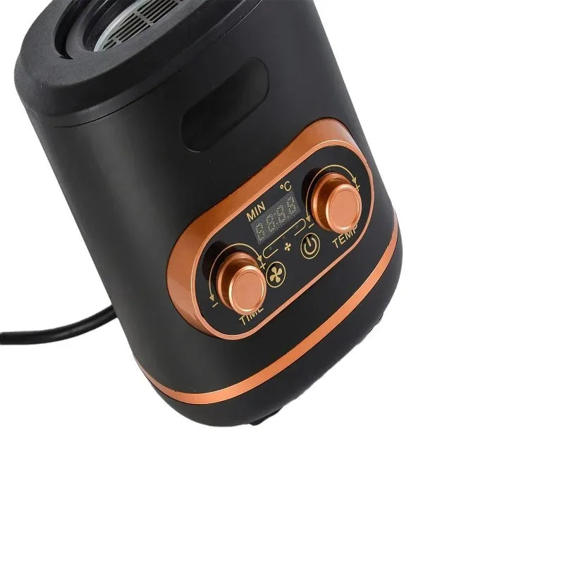 Black and copper electric digital coffee roaster machine with adjustable time and temperature control dials.
