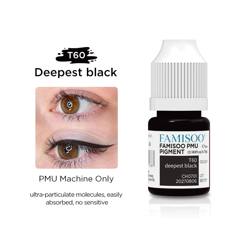 T60 deepest black PMU pigment in a 5ml plastic bottle with a white cap, used for permanent eyeliner application.