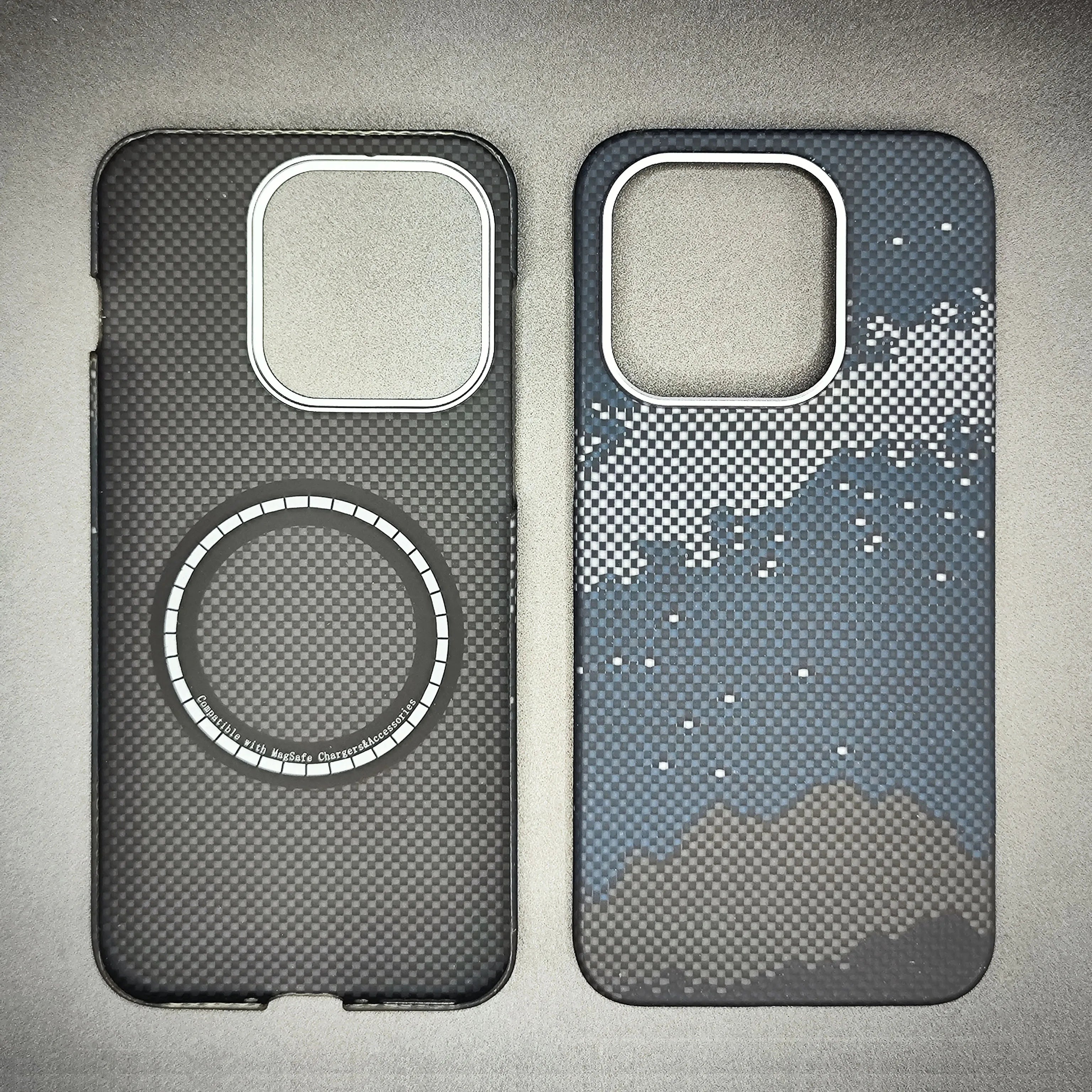 Two carbon fiber phone cases for iPhone: one black with magnetic ring, one with blue and grey landscape pattern.