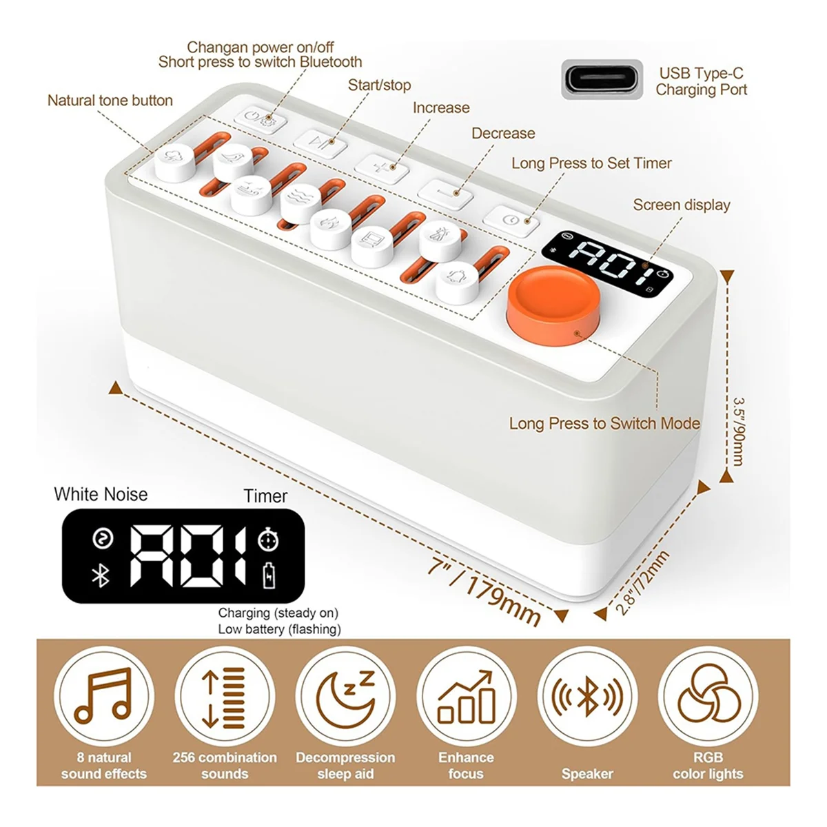 HIHI White Noise Sleep Sound Machine with 8 , Portable Bluetooth Speaker, 12 Colors Night Lights
