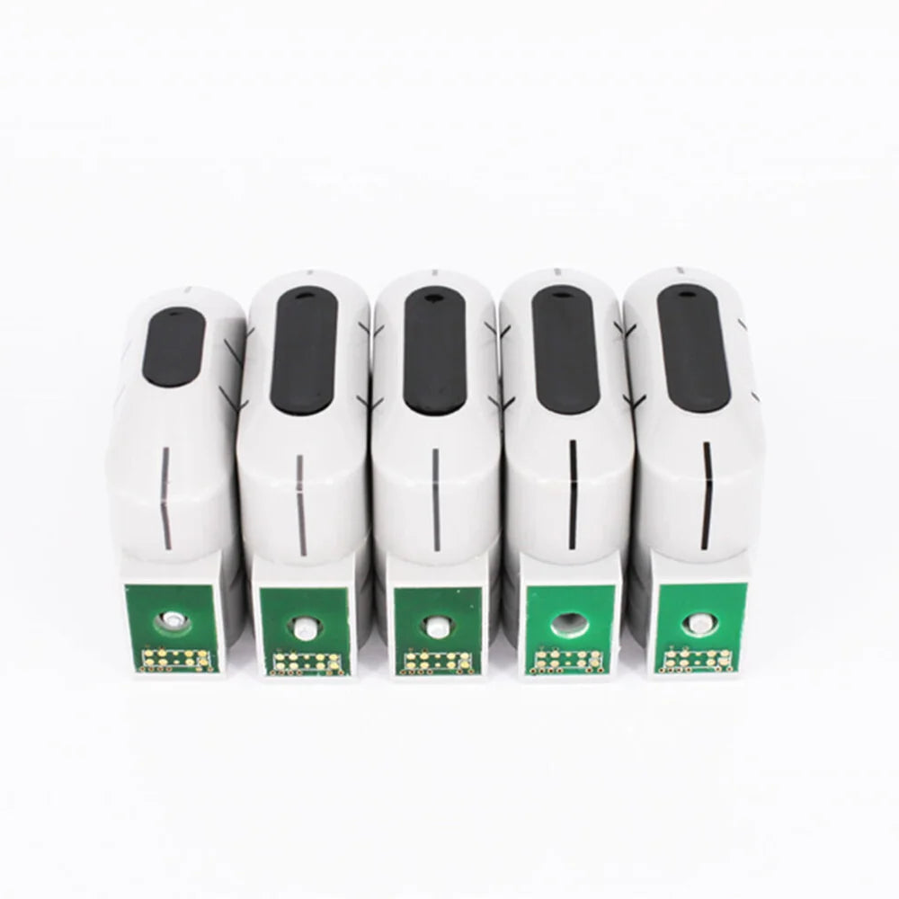 Set of five interchangeable white and black HIFU ultrasound facial and body cartridges for anti-aging machine.