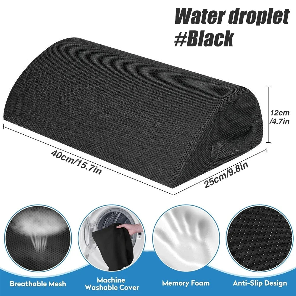 Black memory foam half-moon leg support pillow, 40x25x12cm, with a breathable, washable mesh cover and anti-slip base.