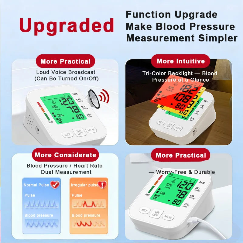 Upper Arm Blood Pressure Monitor Automatic Cuff Tonometer Digital Tensiometer Rechargeable Blood Pressure Meter Heart Rate Meter