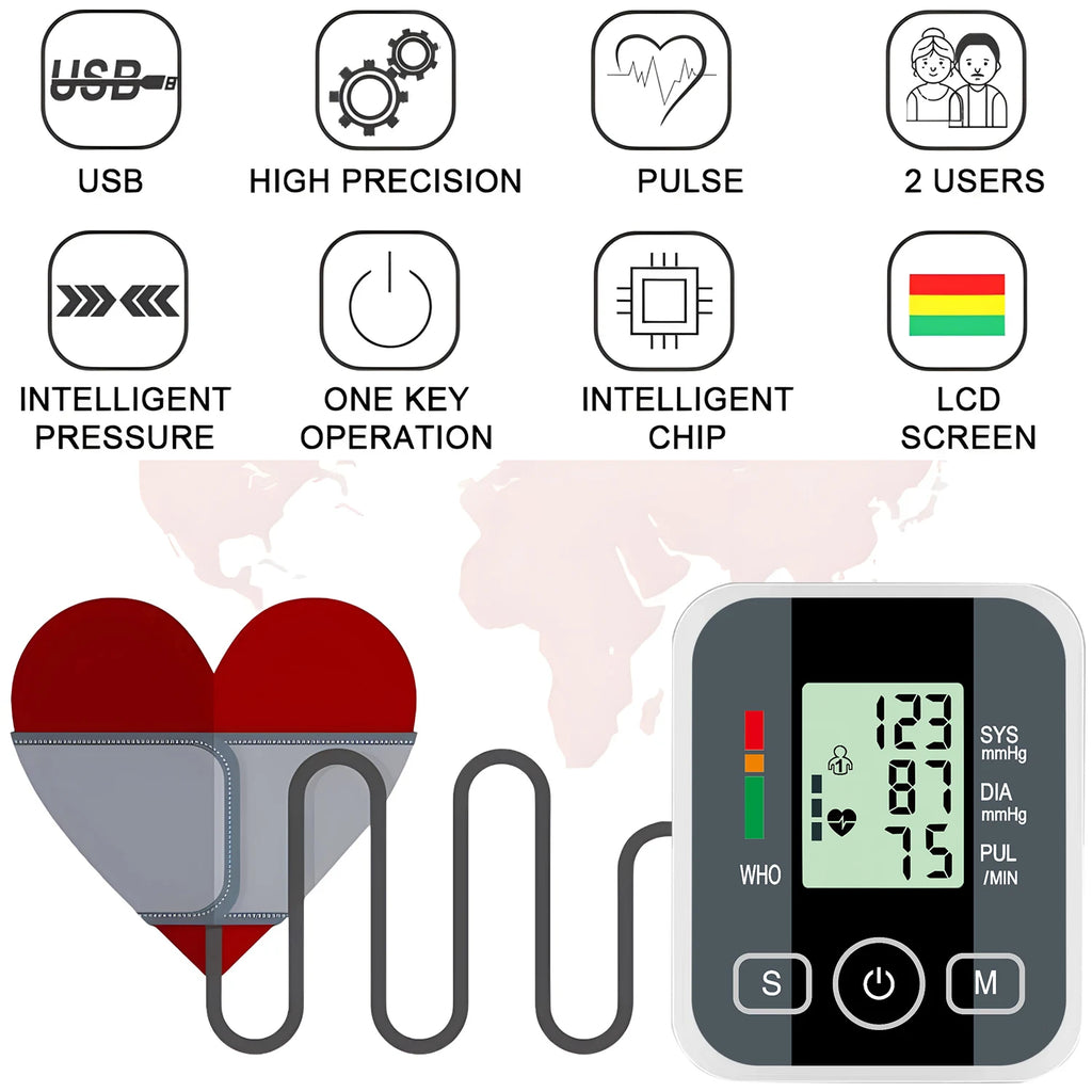 Automatic Upper Arm Blood Pressure Monitor Digital Sphygmomanometer Tensiometer Pulse Heart Rate Health Meter