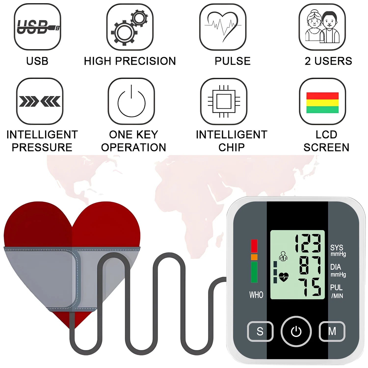 Automatic Upper Arm Blood Pressure Monitor Digital Sphygmomanometer Tensiometer Pulse Heart Rate Health Meter
