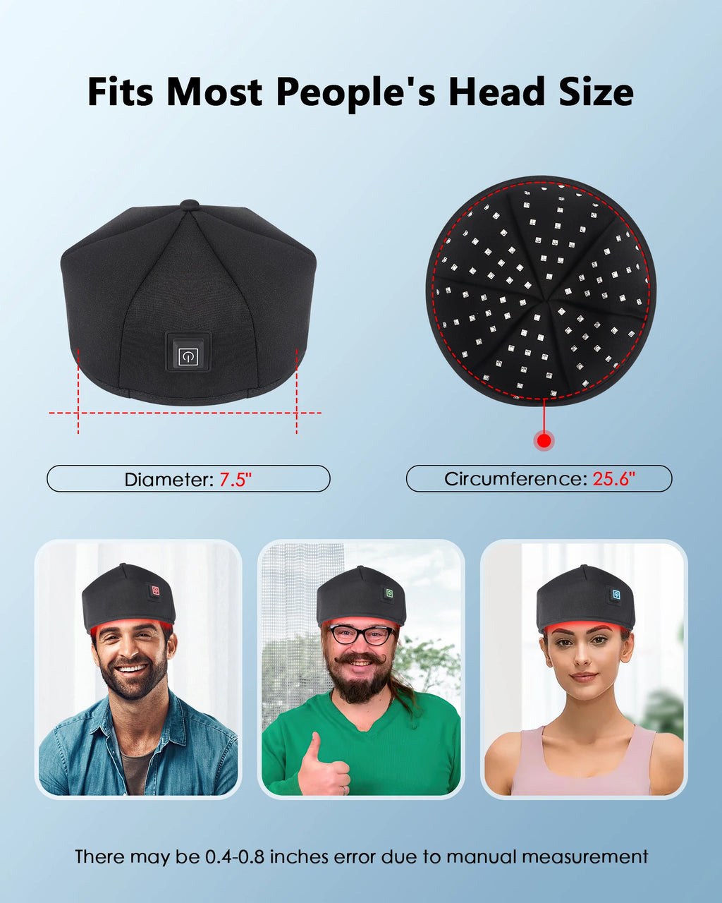 Wired LLLT 650nm red light therapy hair growth cap, black adjustable design for men and women, wall-powered.