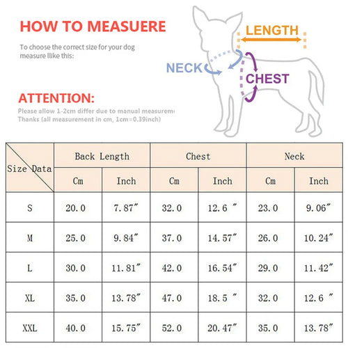 Sizing chart for Tidesmit pet dresses showing an outline of a dog with labels for measuring length, neck, and chest.