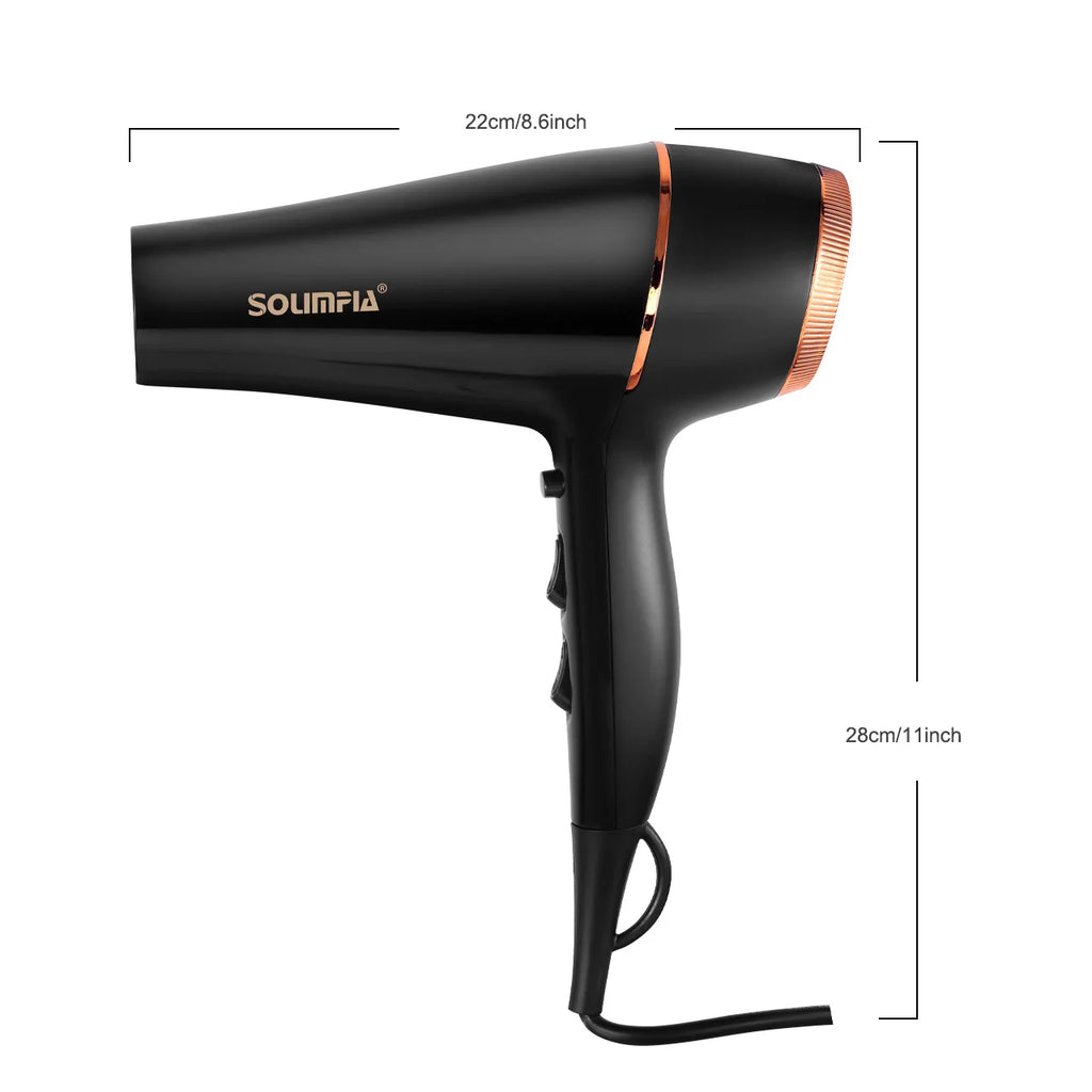 Professional black salon hair dryer with rose gold trim, 6-level settings for fast, industrial-grade hair styling.
