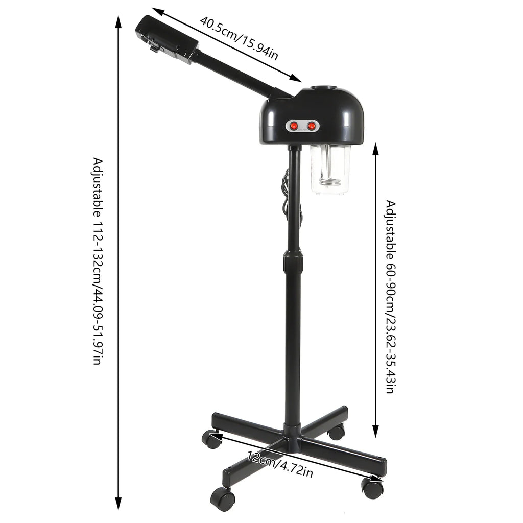 Adjustable 800W black facial steamer with 750ml tank and rolling stand for professional salon spa pore cleaning.