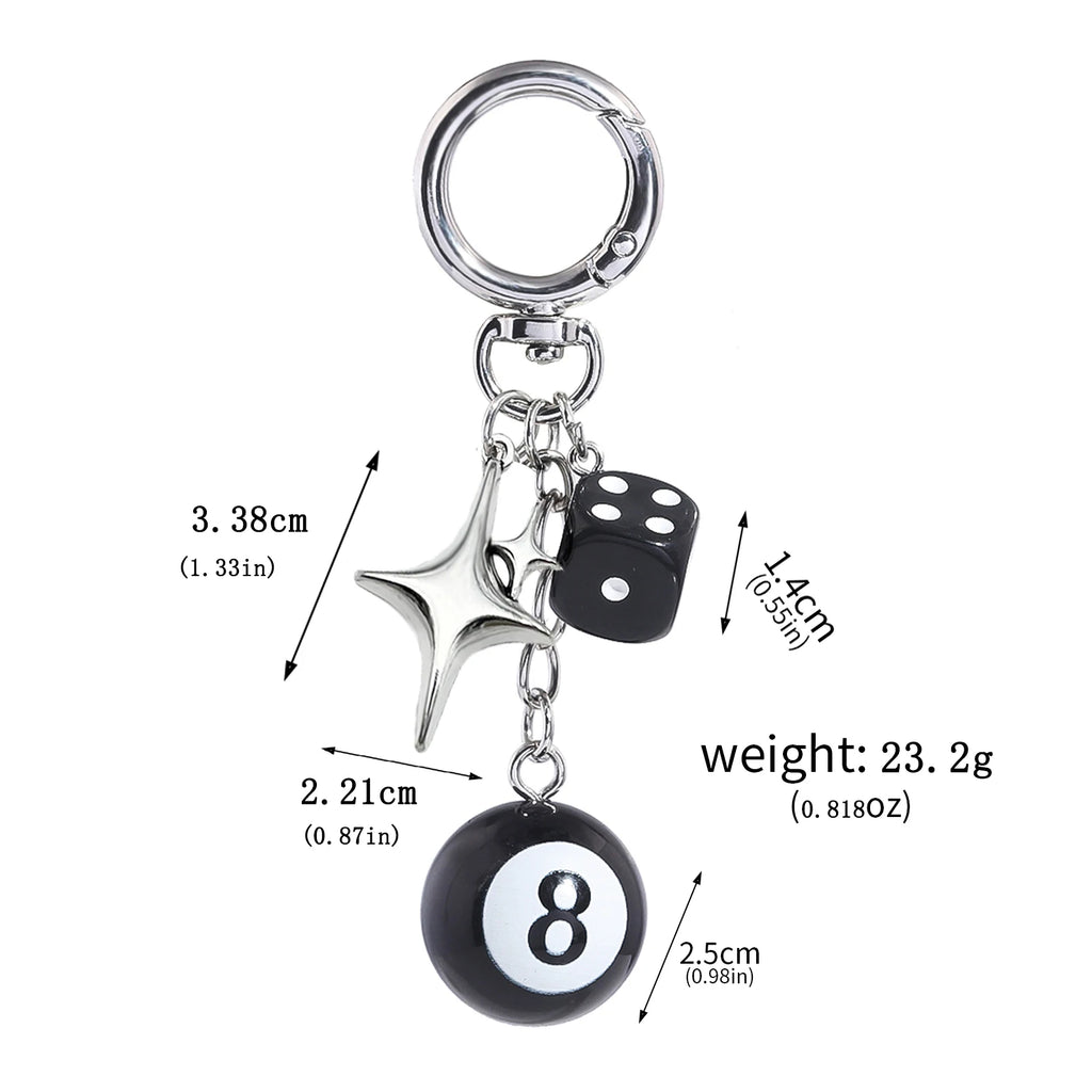 Punk Hiphop Black Dice No. 8 Billiards Keychain Y2K Pink Lucky Dice Starburst Pendant Bag Charms Hangings Ornament Accessories