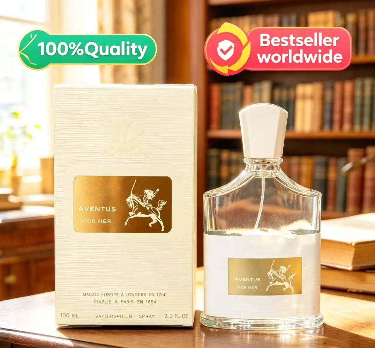 Creed Aventus for Her EDP spray: luxury white glass bottle with gold logo in an elegant gift box. Unisex fragrance.