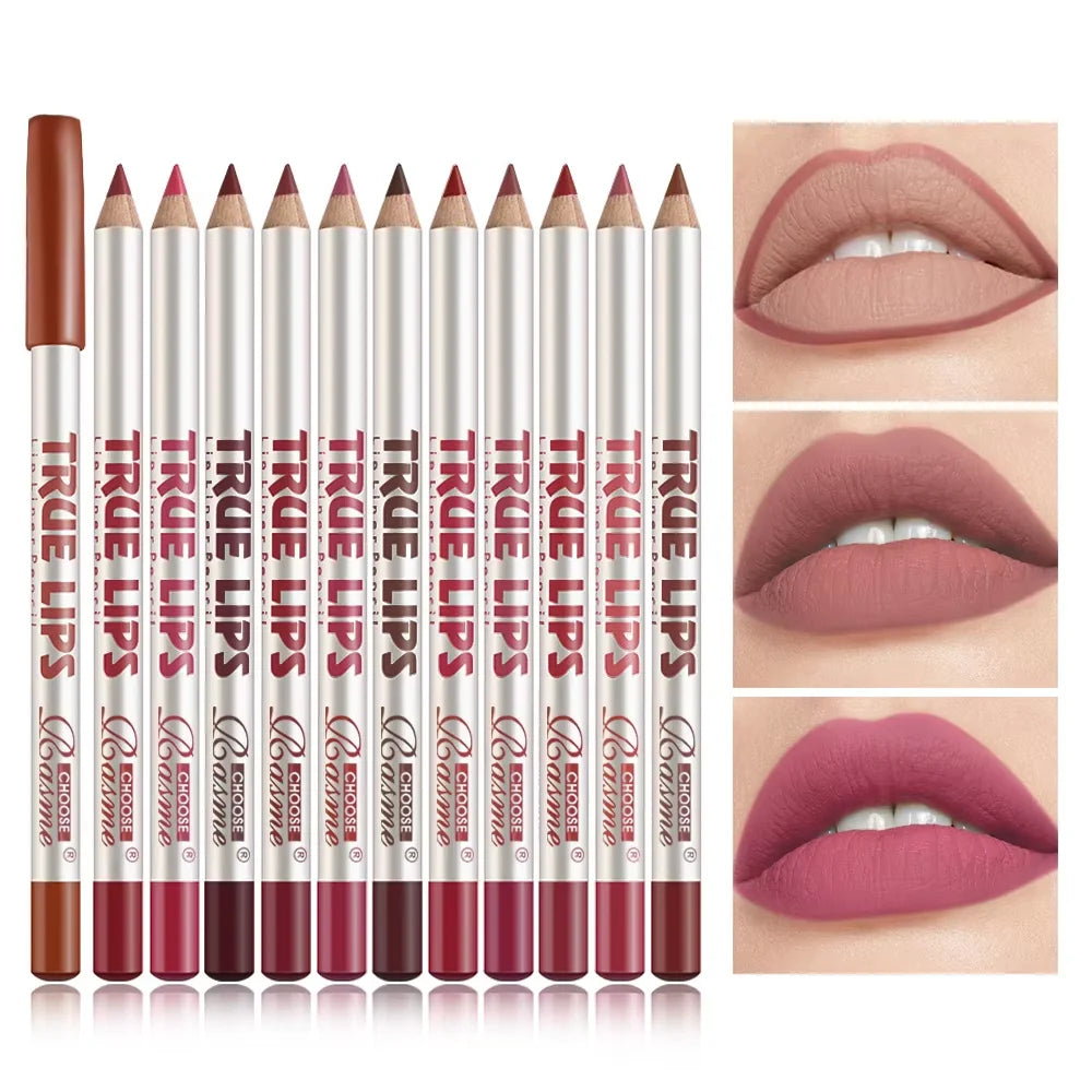 12-piece matte lip liner pencil set in assorted shades, creating long-lasting, smooth, velvety lip makeup looks.
