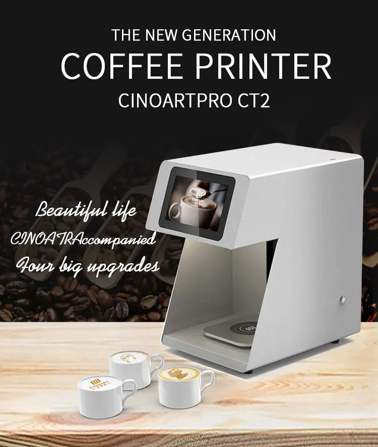CinoartPro CT2 silver coffee printer with digital display for printing latte art on cups of coffee.