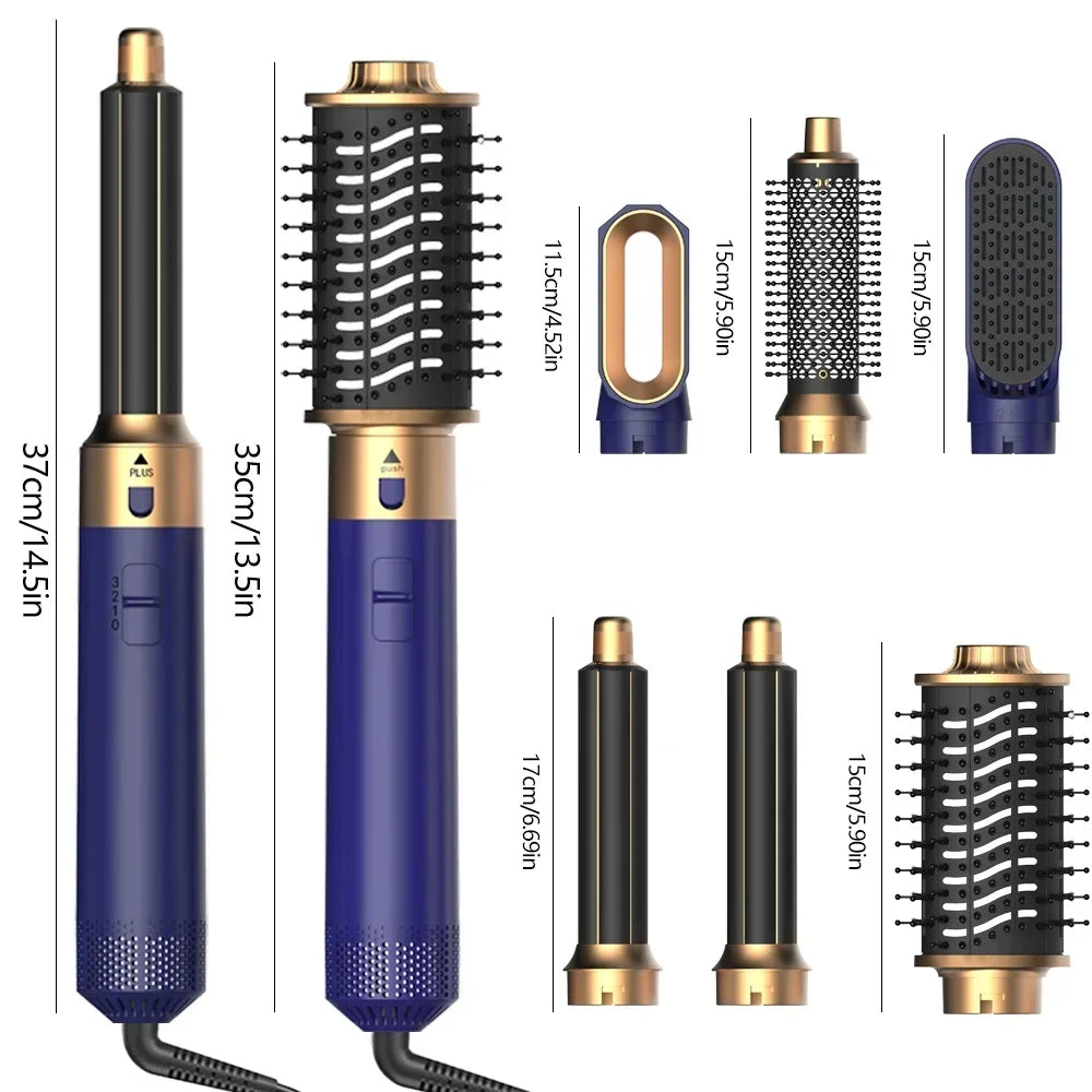 6-in-1 blue and gold hair dryer brush set with curling barrels, styling attachments, and professional airwrap tool.