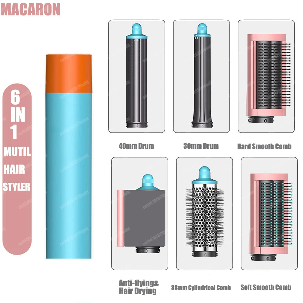 6-in-1 Macaron hair styler with curling barrels, smooth combs, and dryer attachment for professional styling at home.