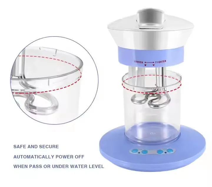Blue and white professional facial steamer with clear water tank, internal heating element, and auto-off safety feature.