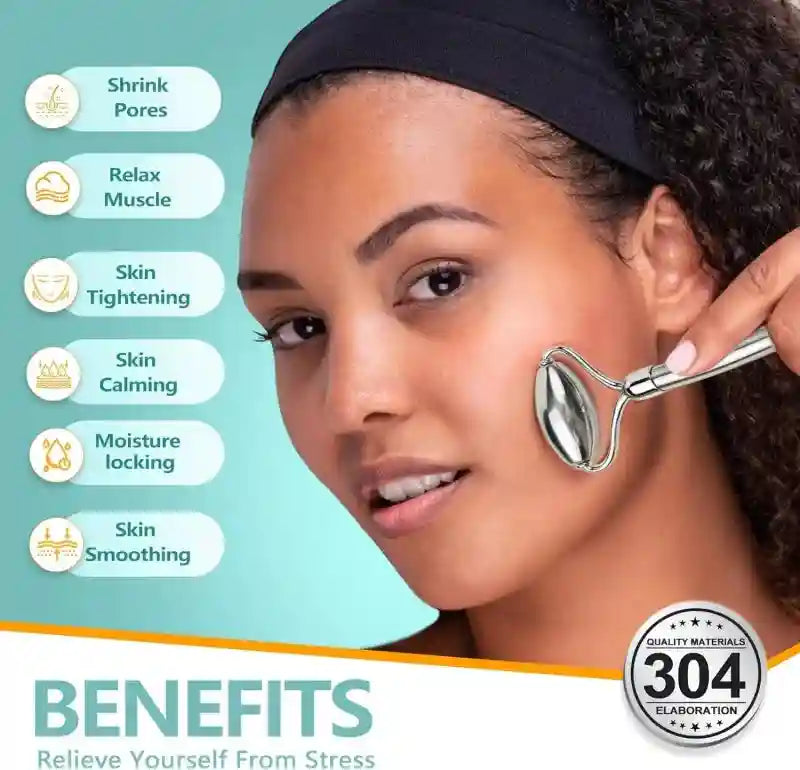 Woman using a smooth, silver stainless steel facial massage roller on her cheek, with a list of skincare benefits.