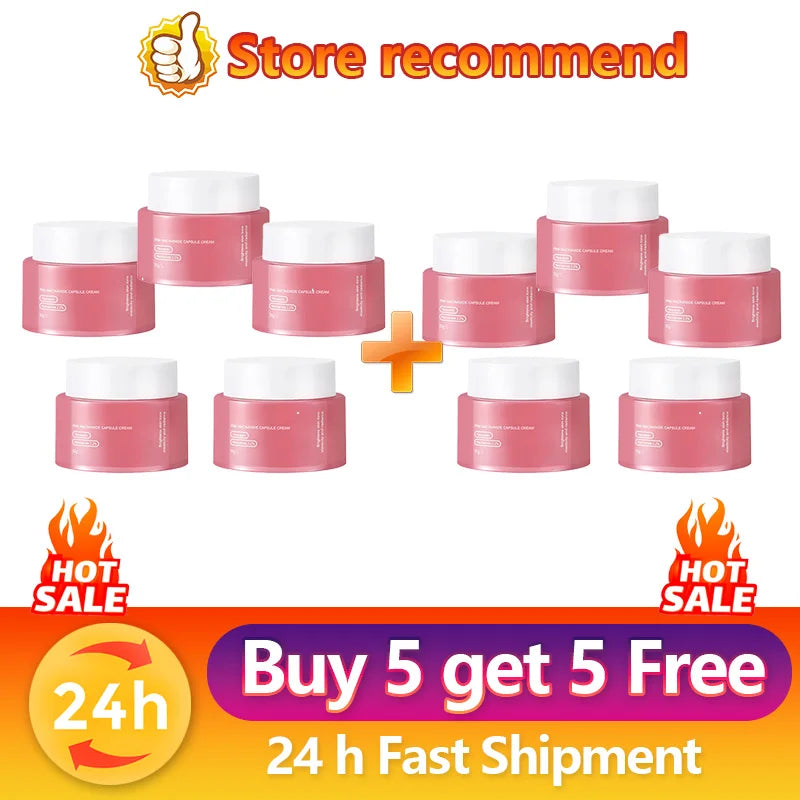 Ten jars of Korean Pink Collagen PDRN Capsule Cream with white lids, arranged in a "Buy 5 Get 5 Free" promotional ad.