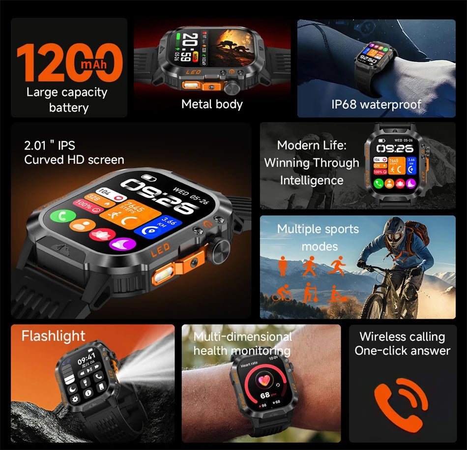 New Military Grade 1200mAh Battery Smartwatch Men 5ATM Waterproof Sports Tracker Flashlight Heart Rate AMOLED Screen Smart Watch