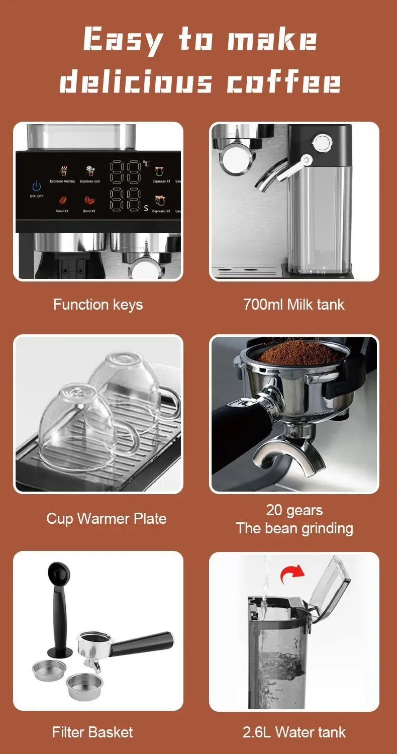 Black stainless steel espresso machine features: 700ml milk tank, 2.6L water tank, bean grinder, and cup warmer.