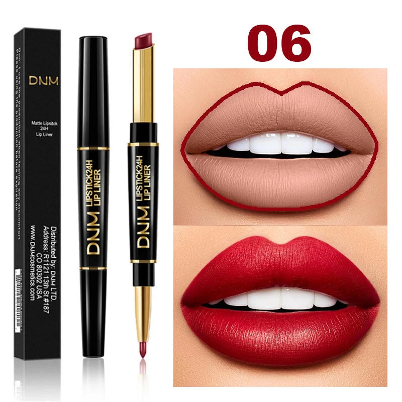 DNM 2-in-1 waterproof matte lipstick and lip liner pencil in shade 06 showing nude and red velvet lip makeup looks.