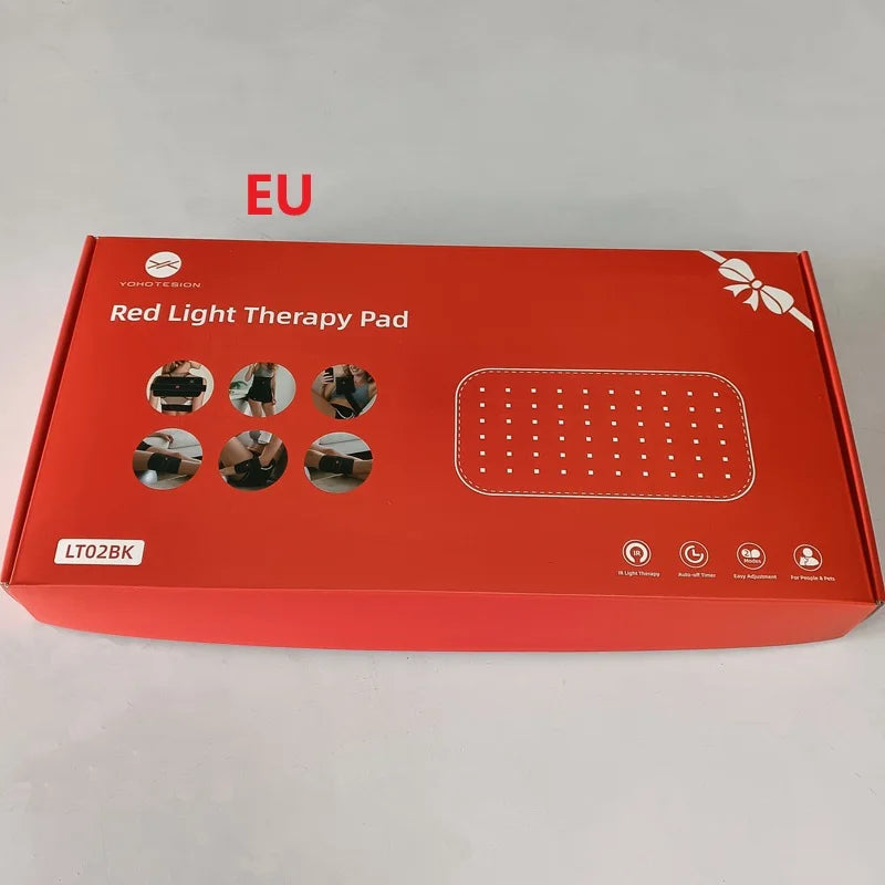 Red light therapy belt box featuring portable infrared LED pad, 660nm and 850nm wavelengths for back and waist pain.