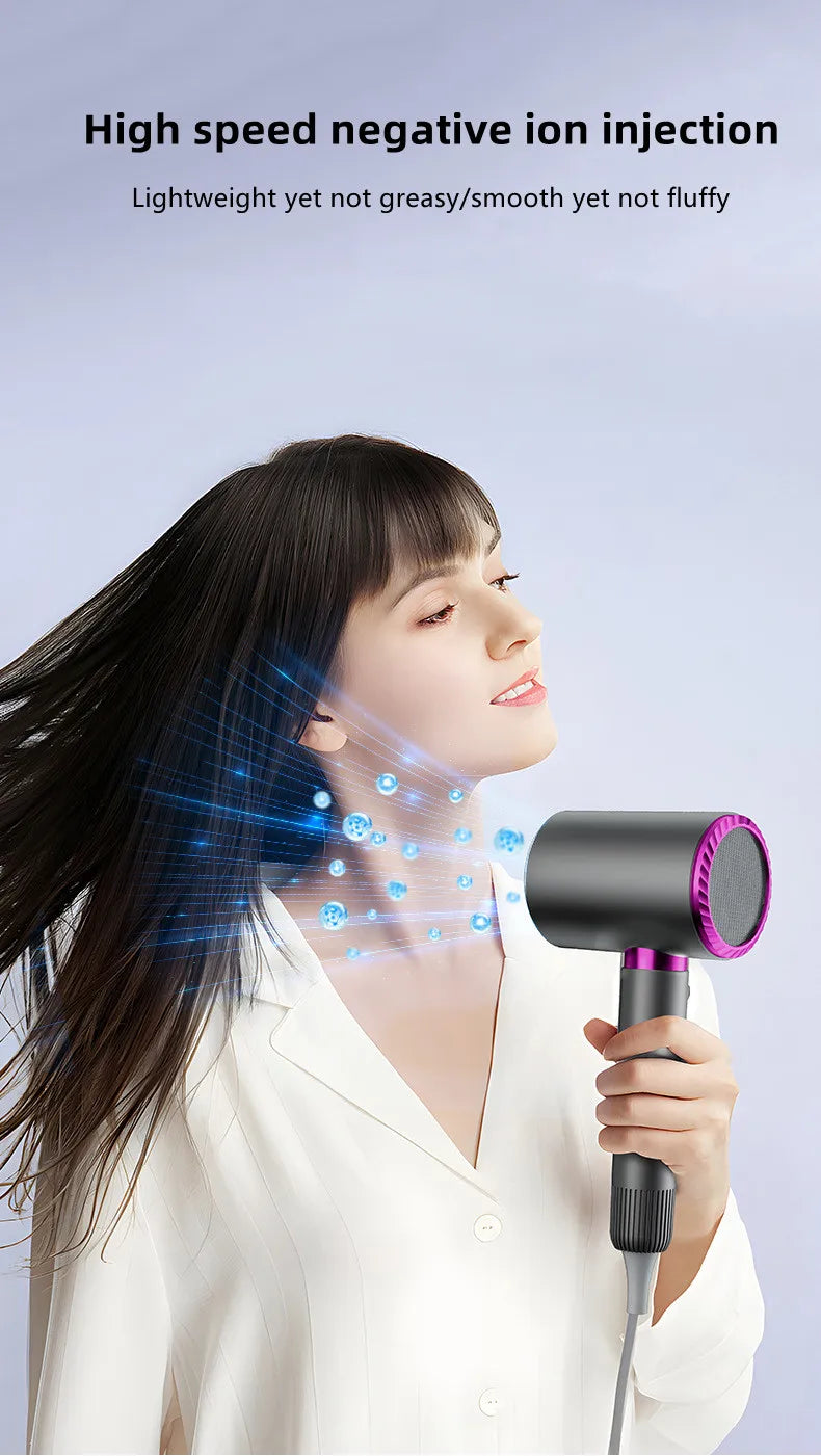 2400W high-speed negative ion hair dryer with sleek grey and purple design, perfect for salon-quality smooth hair.