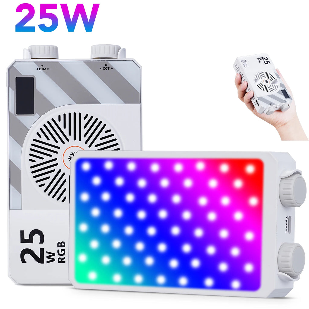 25W RGB portable LED video light with white housing, cooling fan, dial controls, and USB-C port for photography.