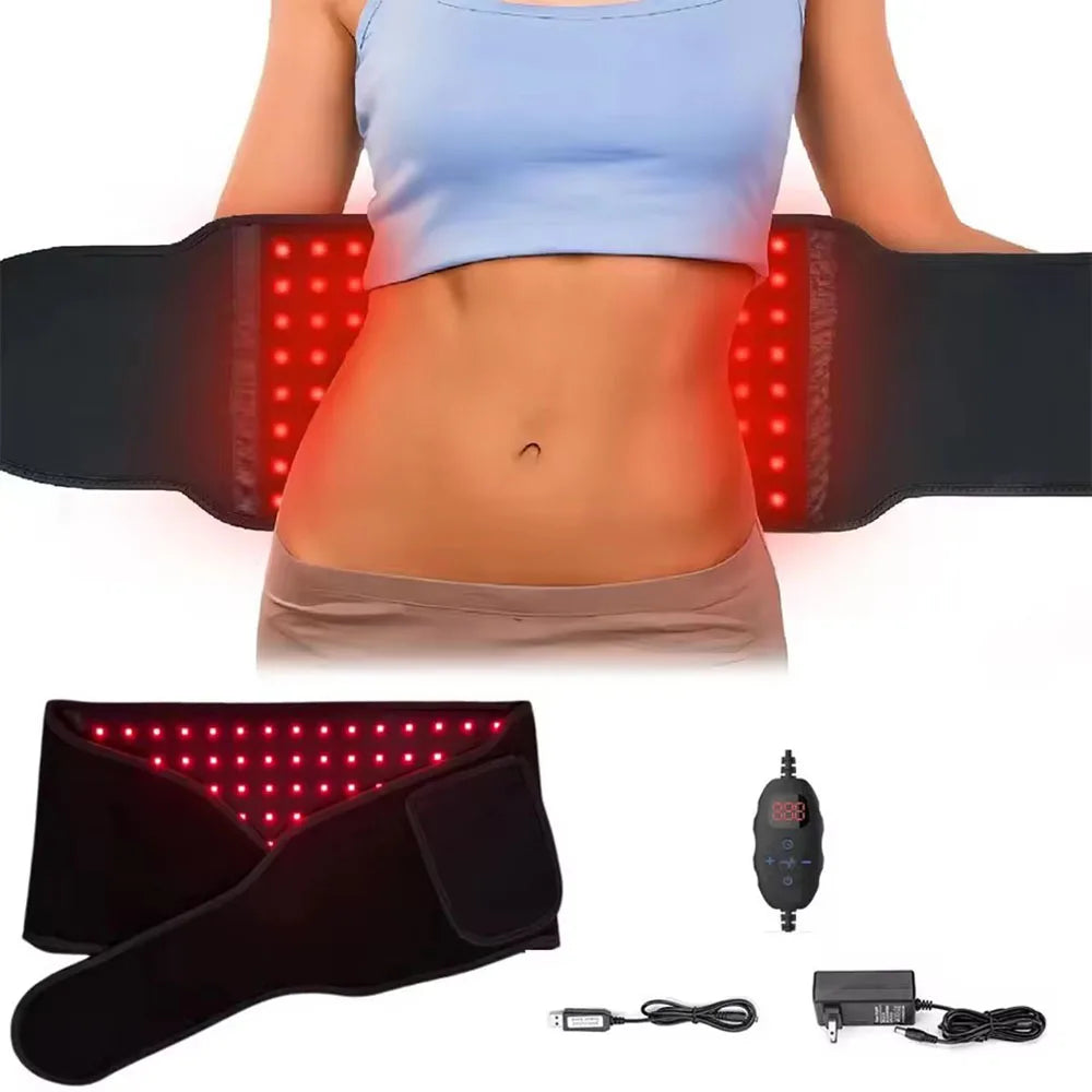 Red light therapy belt for pain relief with infrared wrap, LED grid, digital timer controller, and power adapter.