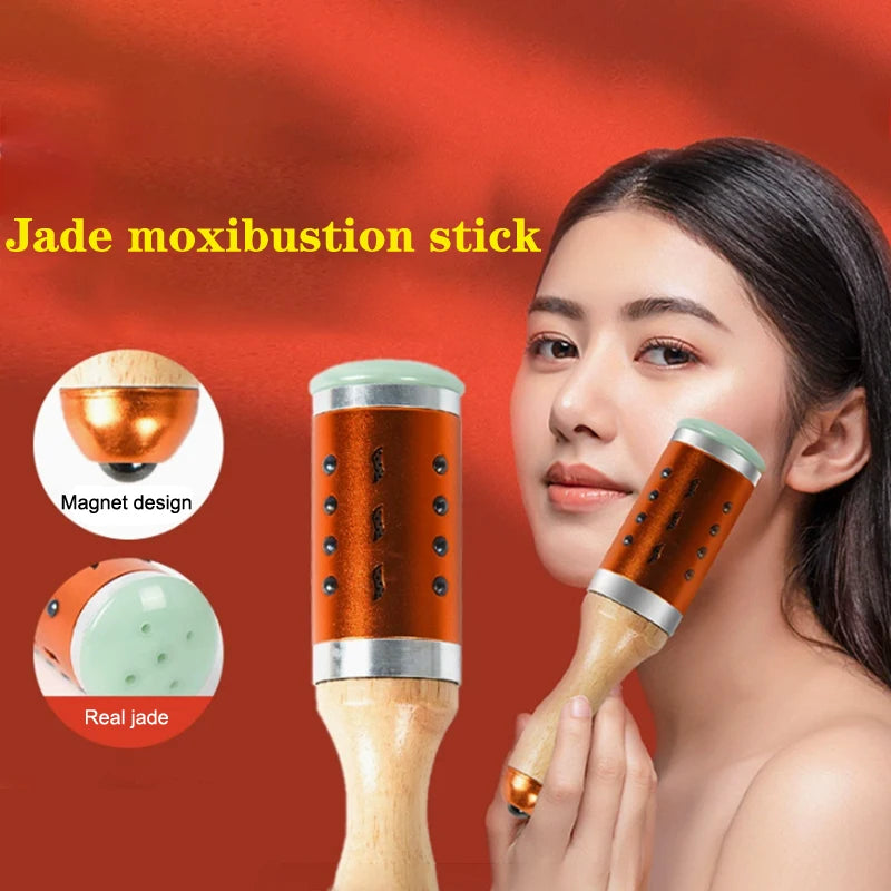 Woman using a warm jade facial massage device with moxibustion therapy, magnet design, and ergonomic wood handle.