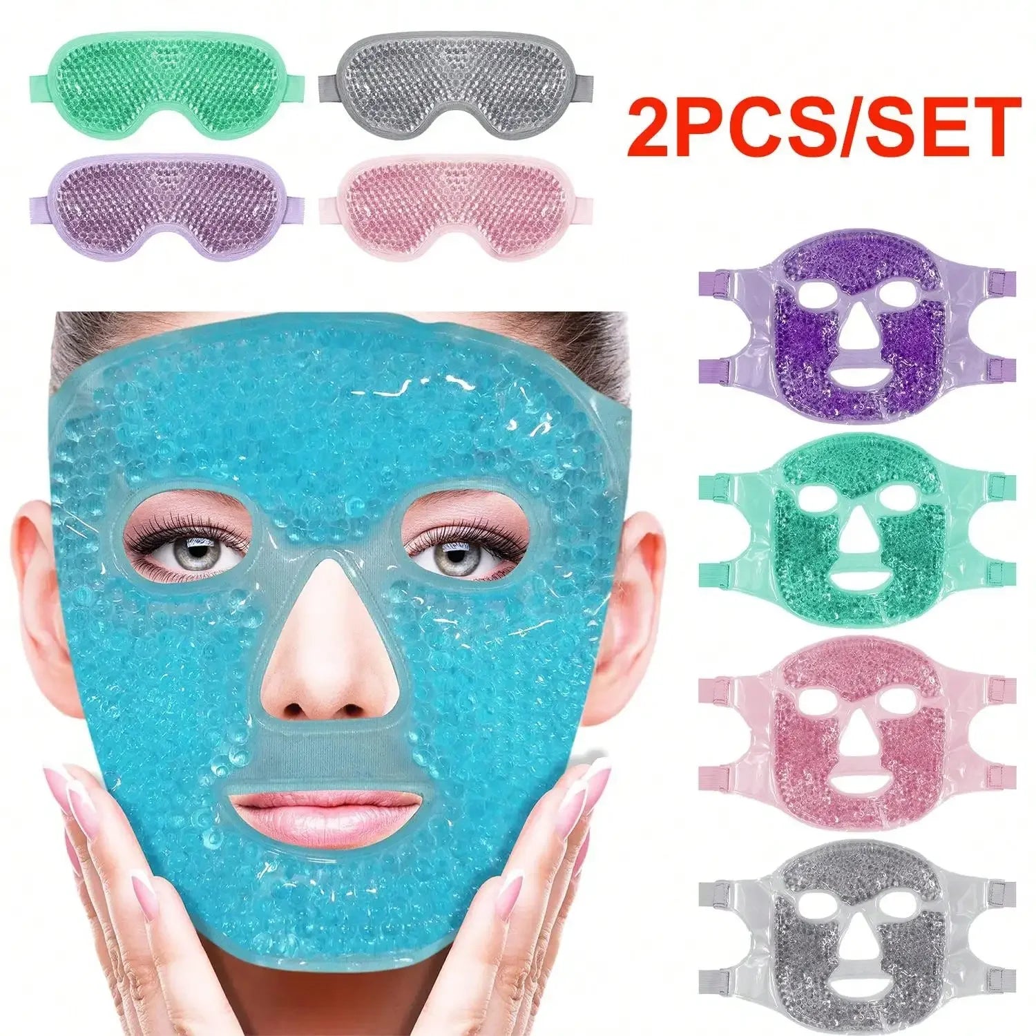 Set of gel bead cooling face masks and eye masks in various colors, worn by a person to provide hot or cold therapy.