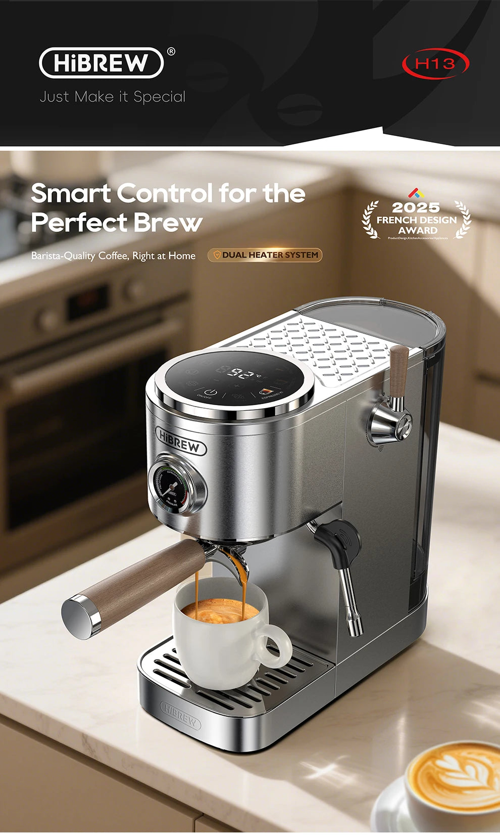HiBrew H13 stainless steel espresso machine with digital touch display, wood-look portafilter, and steam wand.