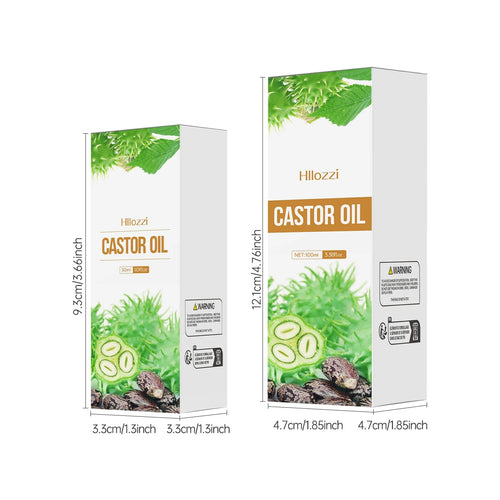Hllozzi Castor Oil wellness aromatherapy: two white packaging boxes featuring green castor plant imagery.