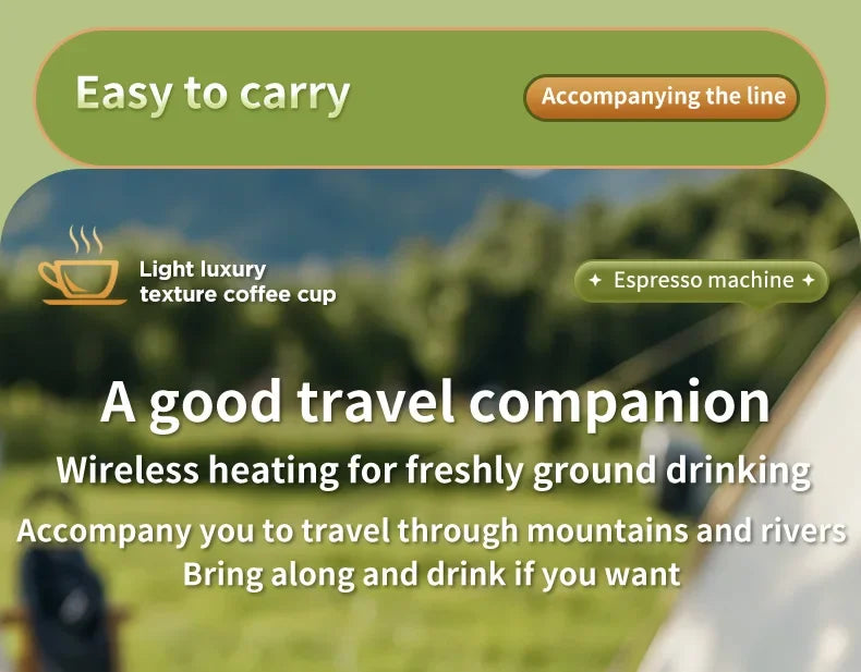 Portable wireless espresso machine for travel, designed for heating and brewing fresh coffee anywhere.